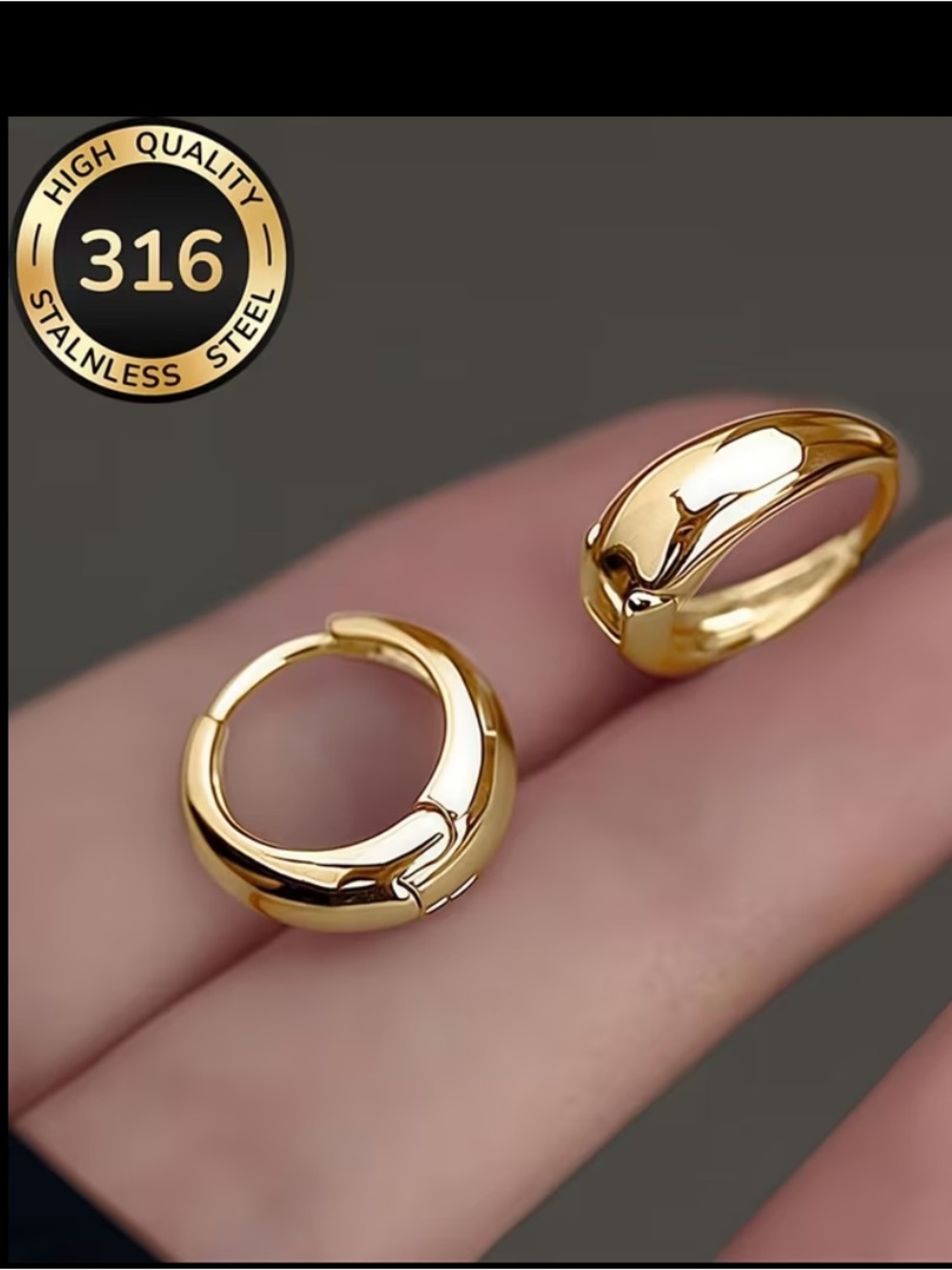 NEW! CCB Gold Polished 100% Stainless Steel Huggie Hoop Earrings NO TARNISH!